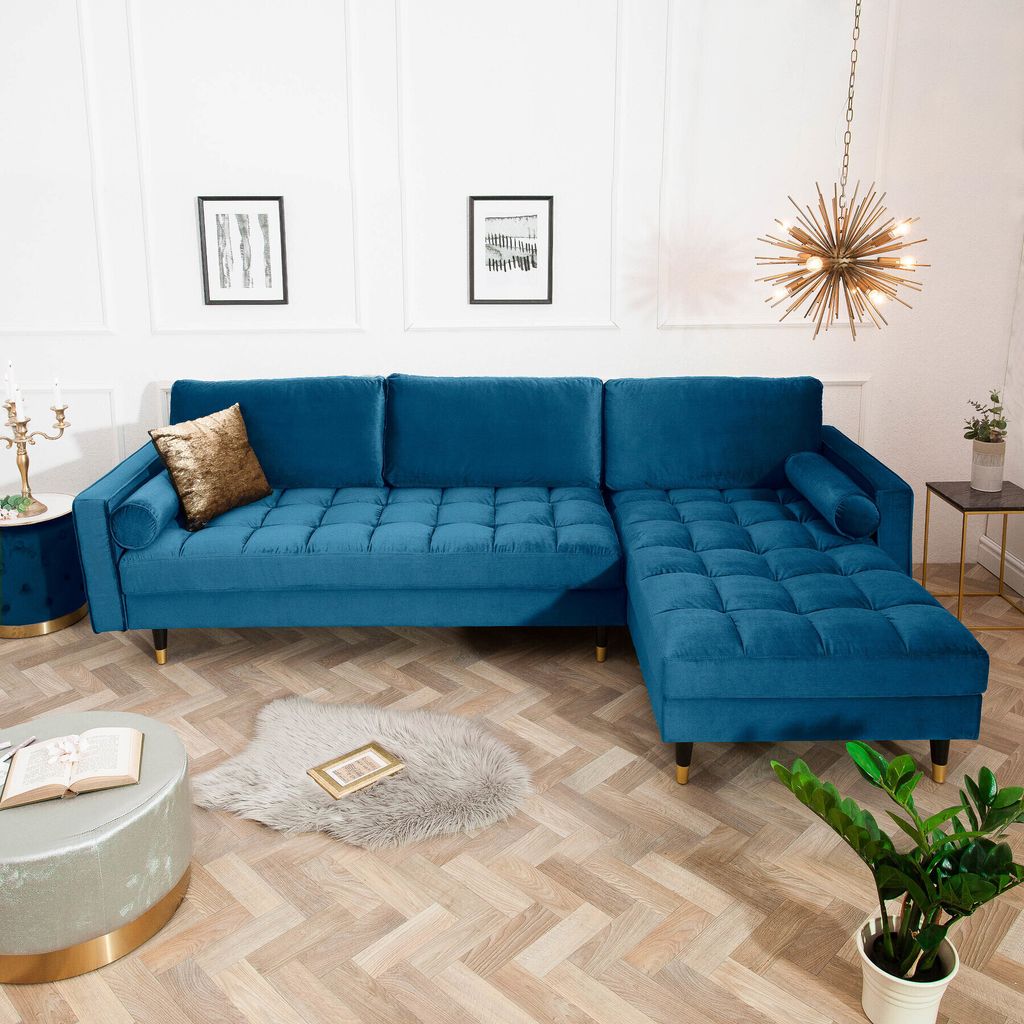 riess-ambiente Elegantes Ecksofa COZY VELVET 260cm blau petrol Samt Federkern 3er-Sofa Eckcouch Couch