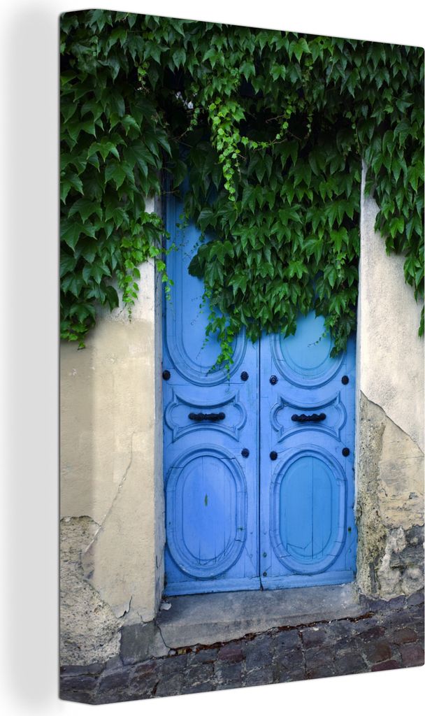 OneMillionCanvasses - Leinwandbilder - 90x140 cm, Eine blaue, mit Efeu bewachsene Tür, Wandbilder Kunstdruck Wanddekoration - Wandschmucke - Sch...