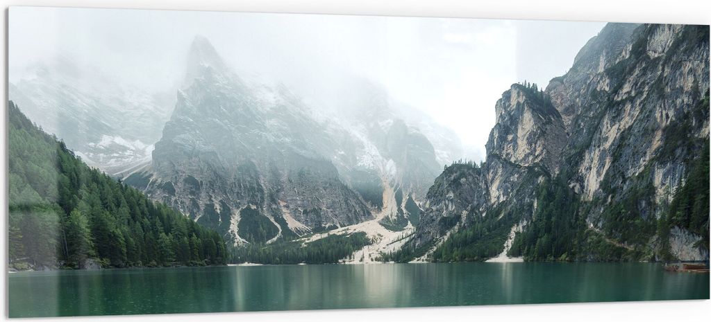 DEQORI Küchenrückwand Glas 125x50 cm 'Bergsee und Bootsteg' Spritzschutz Bad Rückwand
