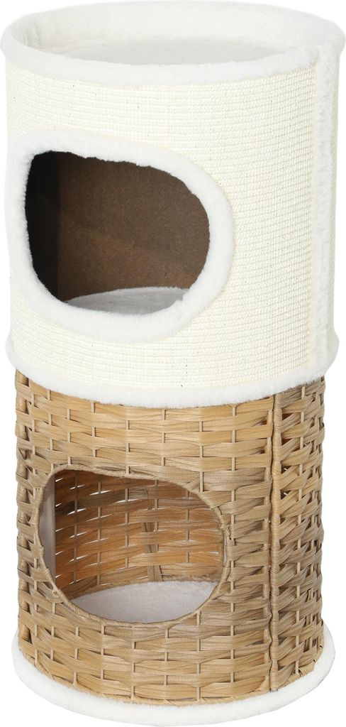 Kratztonne 80 cm Hoch Ø 40 cm dreistöckige Katzentonne mit Plüschrand, Katzenhöhle Cremeweiß