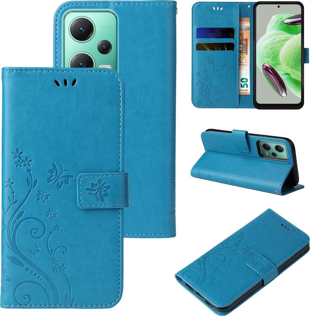 Collage of images showing a blue flip phone case with floral and butterfly designs from different angles.