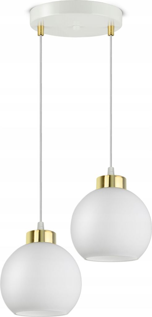 A white ceiling lamp with two glass globes hanging from it.