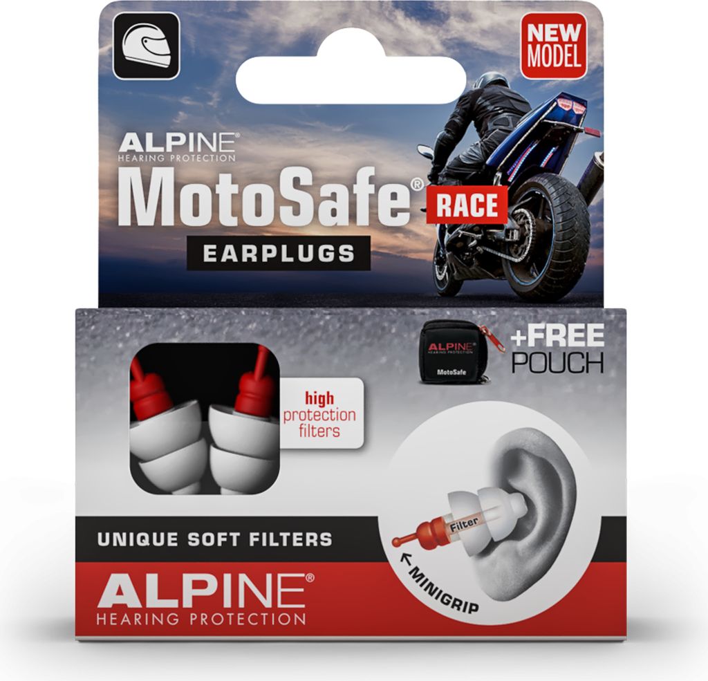 Packaging for Alpine MotoSafe Race earplugs, featuring a motorcyclist and product details.