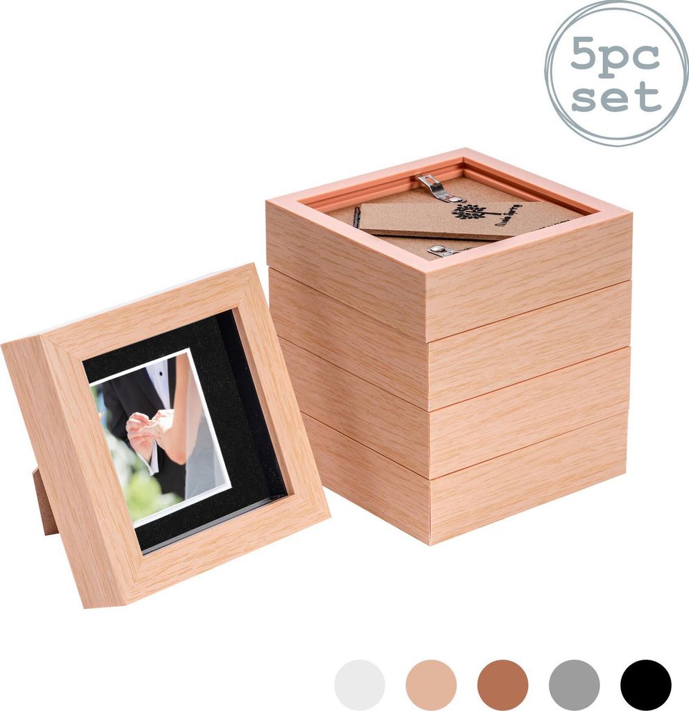 Nicola Spring 5 Stück 4 x 4 3D Shadow Box Photo Frame Set - Craft Anzeigen Bilderrahmen mit 2 x 2 Montieren - Glas Aperture - hellen Holz / Schwarz