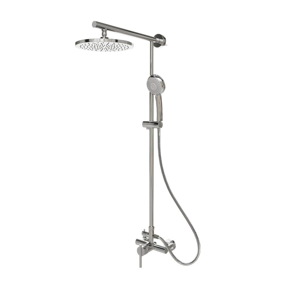 A silver shower system with a rain shower head and a handheld shower head, mounted on a white background.
