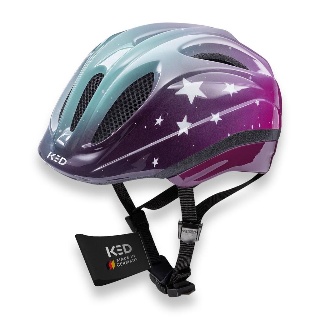 KED Meggy II Trend I Kinder Fahrradhelm Insektenschutznetz mit LED-Rücklicht maxSHELL Technologie Farbe: stars pink aqua glossy Größe: 49-53