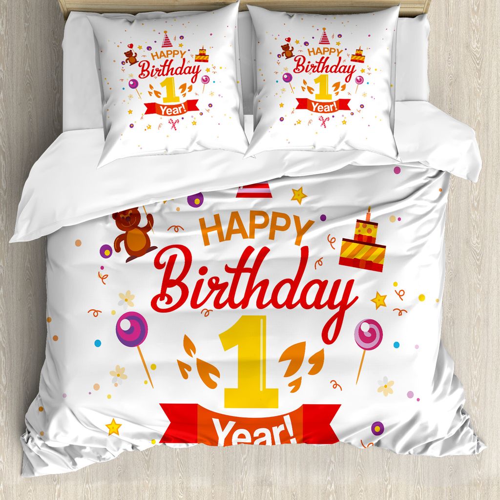 ABAKUHAUS 1. Geburtstag Bettbezug, Party mit Kegel-Bär, Milbensicher Allergiker geeignet mit Kissenbezügen, 200 cm x 200 cm - 80 x 80 cm, Red Mar...