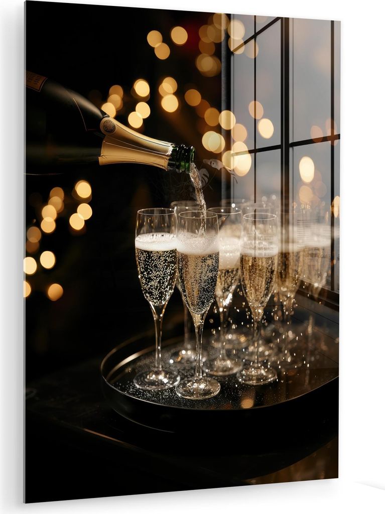 MuchoWow Glasbilder - Bilder auf Wandbild - Foto auf Glas Lichter - Champagner - Tablett - Gläser 30x40 cm Wanddekoration aus Glas - Acrylglasbild...