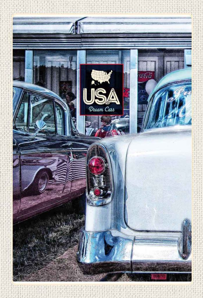 vianmo Holzschild 30x20 cm Amerika Oldtimer 90er silber Dram Cars Bildmotiv Reisemotiv USA