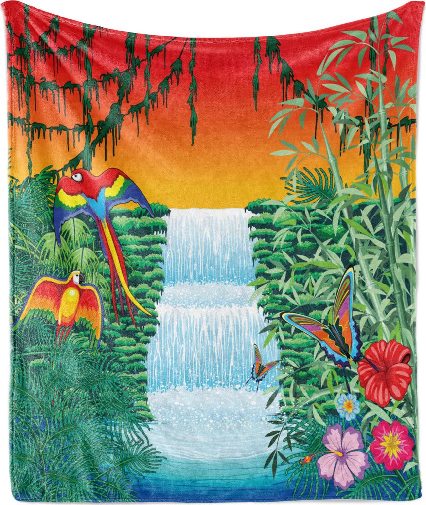 ABAKUHAUS Exotisch Weich Flanell Fleece Decke, Tropische Papageien Wasserfall, Gemütlicher Plüsch für den Innen- und Außenbereich, 125 x 175 cm...