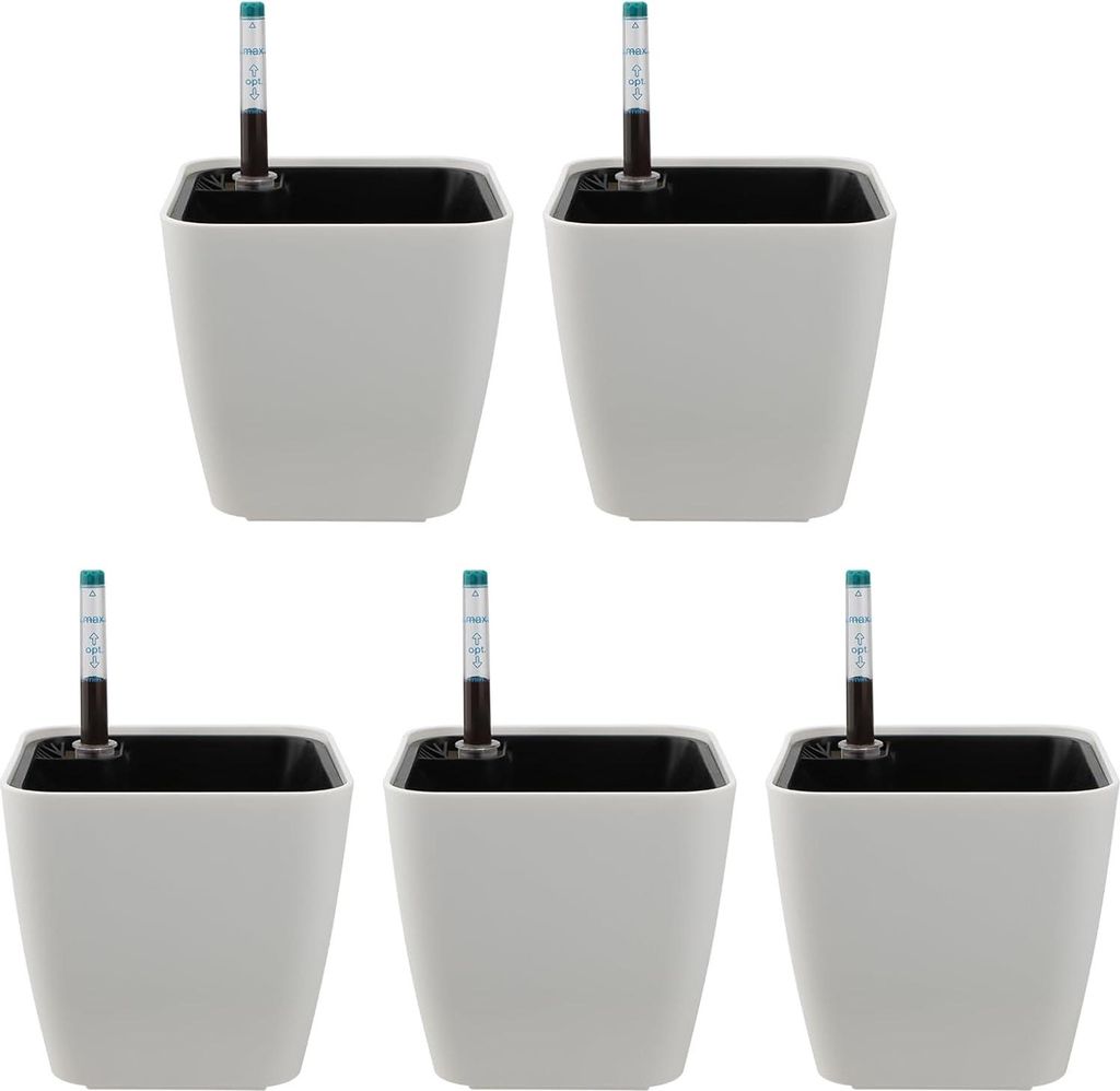 Selbstbewässernder Blumentopf 14 cm - 5 Stück mit Wasserindikator für drinnen und draußen | Rechteckig | Kunststoff weiß