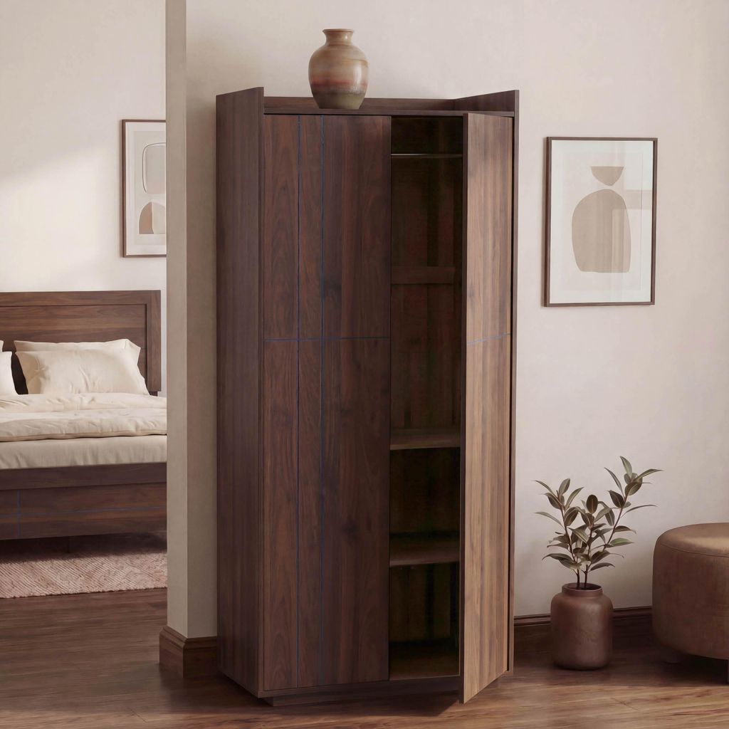 Schrank MCW-P44, Kleiderschrank Garderobenschrank 2 Türen Push-to-open, MDF 184x80x40cm Walnuss-Optik