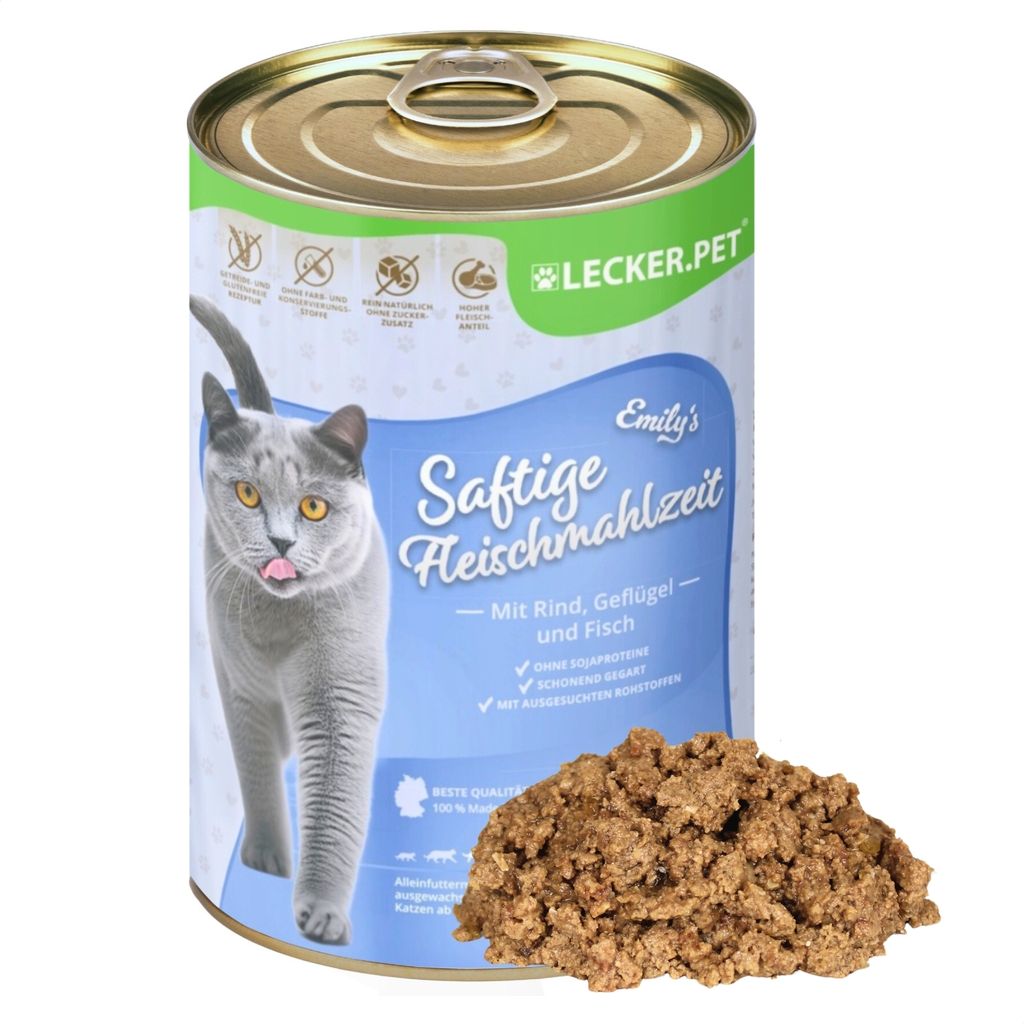 24 x 400 g Lecker.Pet Emily's Saftige Fleischmahlzeit mit Rind, Geflügel & Fisch Katzenfutter Nassfutter