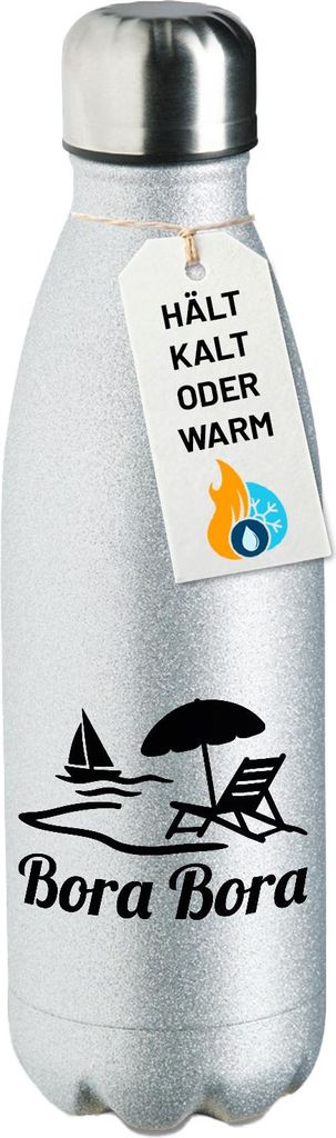 Huuraa Trinkflasche Bora Bora Inselmotiv Französisch-Polynesien 500ml Silver Edelstahl Wasserflasche Trinkflasche Geschenkidee