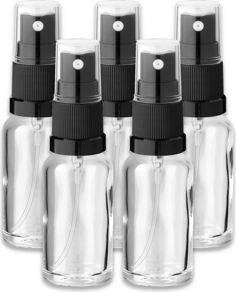 5x Klare Glasflasche 20 ml mit schwarzem Zerstäuber Sprükopf leer Set