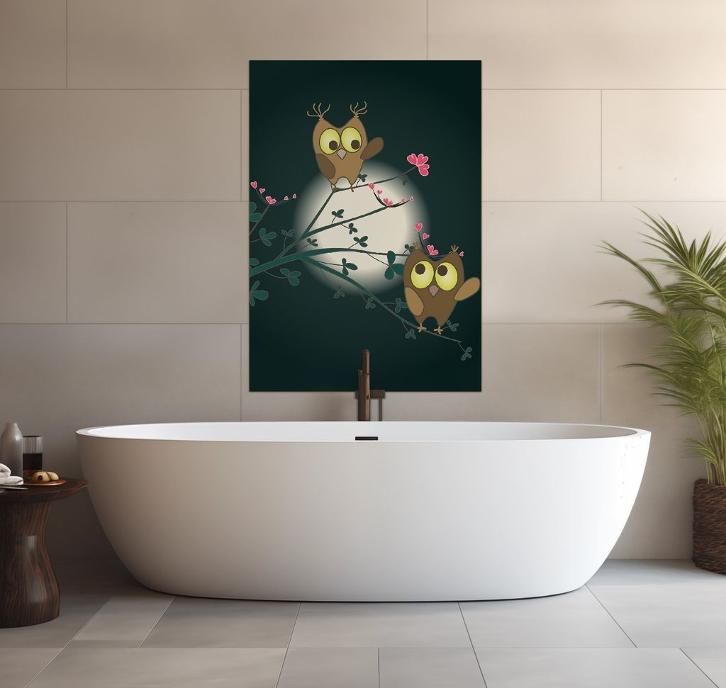 Wallario wasserfestes Poster selbstklebend 70 x 100 cm, Süße verliebte Eulen auf dem Ast bei Nacht im Mondschein, Badezimmerposter Spritzschutz m...
