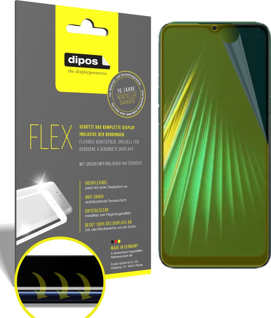 2x Schutzfolie für Oppo Realme Narzo 10A Folie, 100% Displayabdeckung, dipos Flex