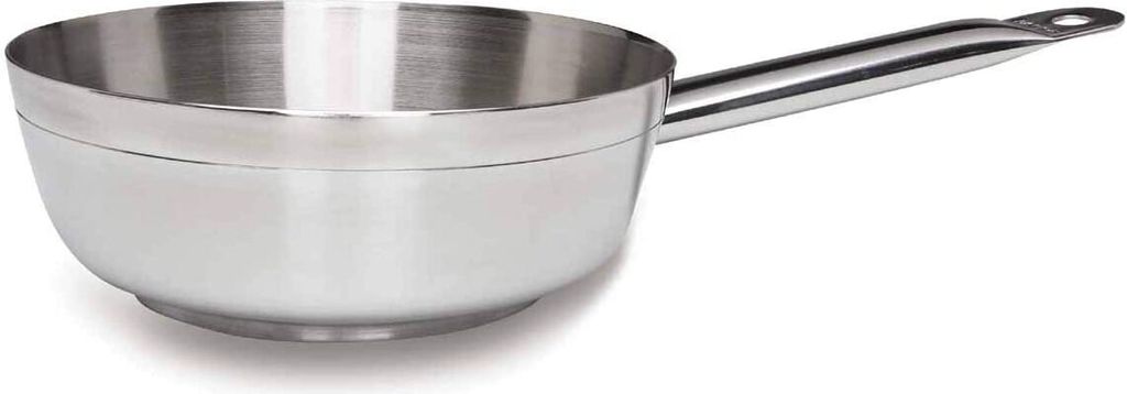 A stainless steel saute pan with a handle is shown against a white background.