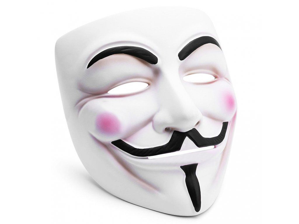 A white Anonymous Vendetta mask with black features and pink cheeks is shown against a white background.
