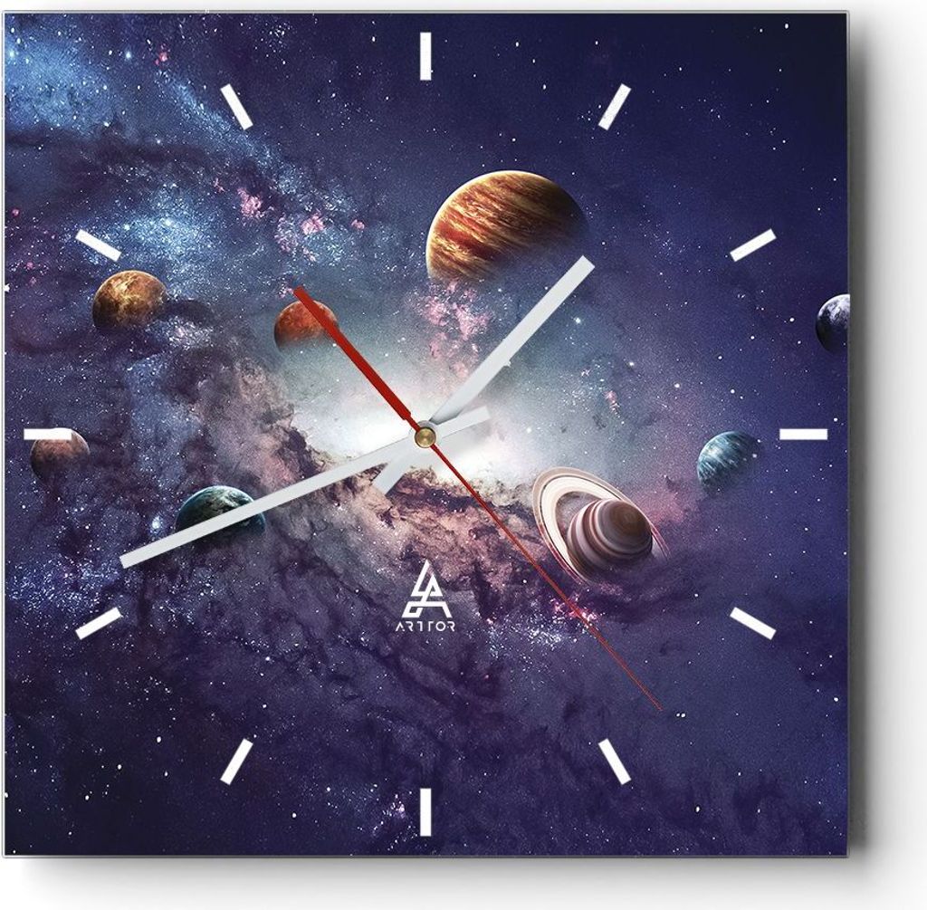 Wanduhr - Quadrat - Glasuhr - Kosmos Planeten die Sterne - 40x40cm - Schleichendes Uhrwerk - Lautlos - zum Aufhängen bereit - Dekoration Modern - ...