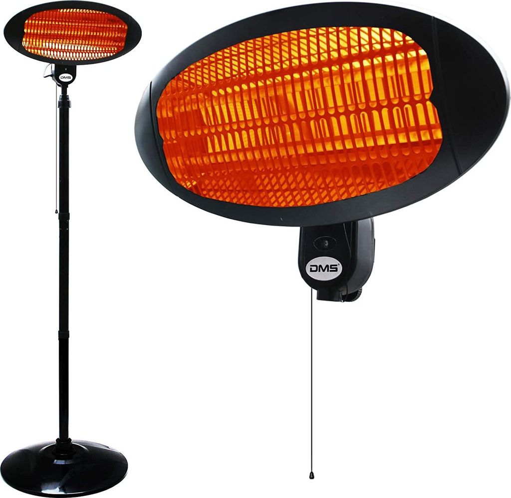A product shot of a patio heater, shown in two views: a full standing heater and a close-up of the heating element.