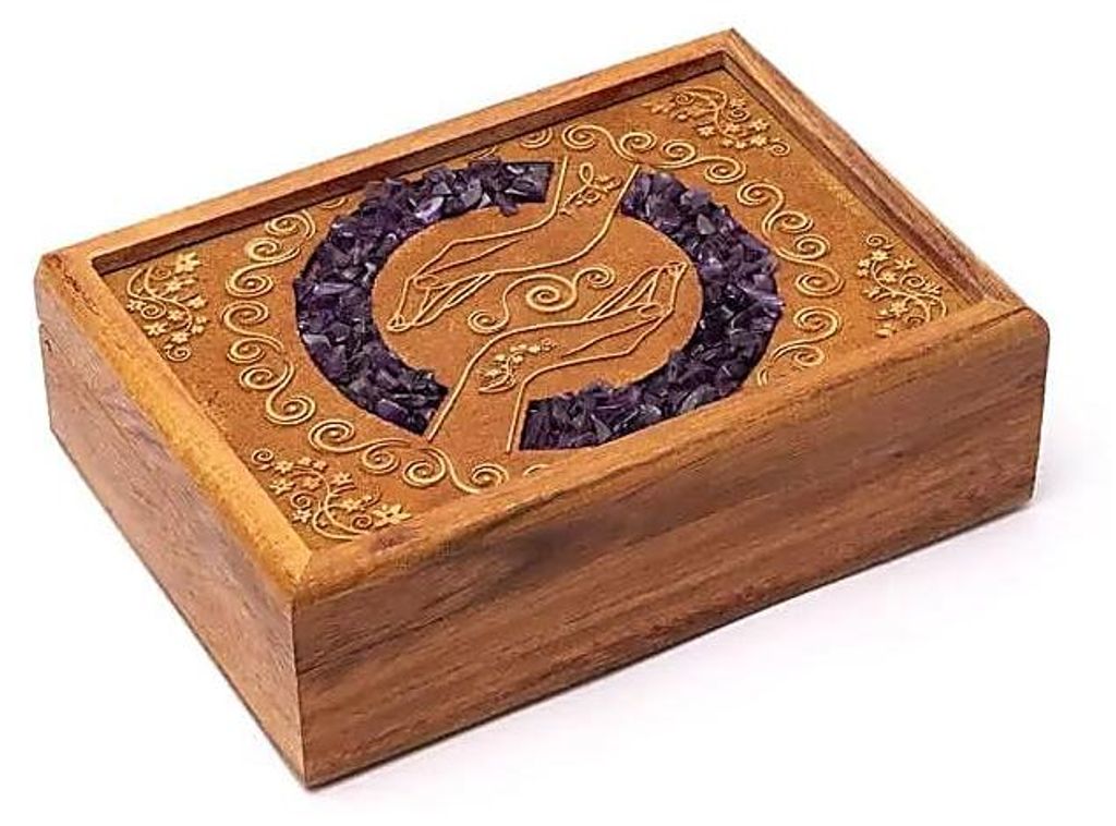 Tarot- oder Schmuckkästchen „Heilende Hände“, Amethyst – 18 x 12,5 x 5,5 cm