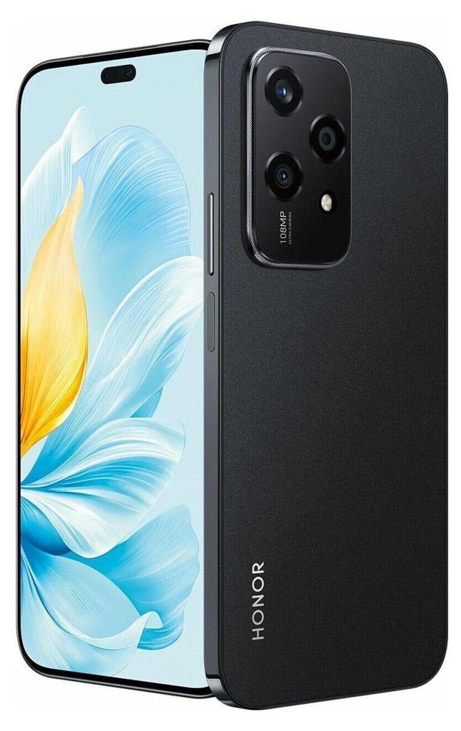 A black HONOR 200 Lite 5G smartphone is shown from the back and side, with its screen displaying a colorful wallpaper.