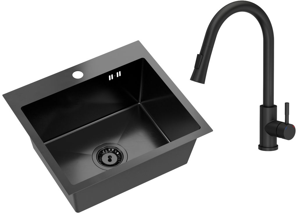 VBChome Edelstahlspüle mit Armatur 50 x 45 cm Schwarz Produktbild 
