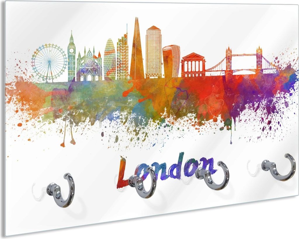 Wallario Schlüsselbrett aus Glas, Motiv: Städte als Aquarell - Skyline von London, 30 x 20 cm mit 4 Haken