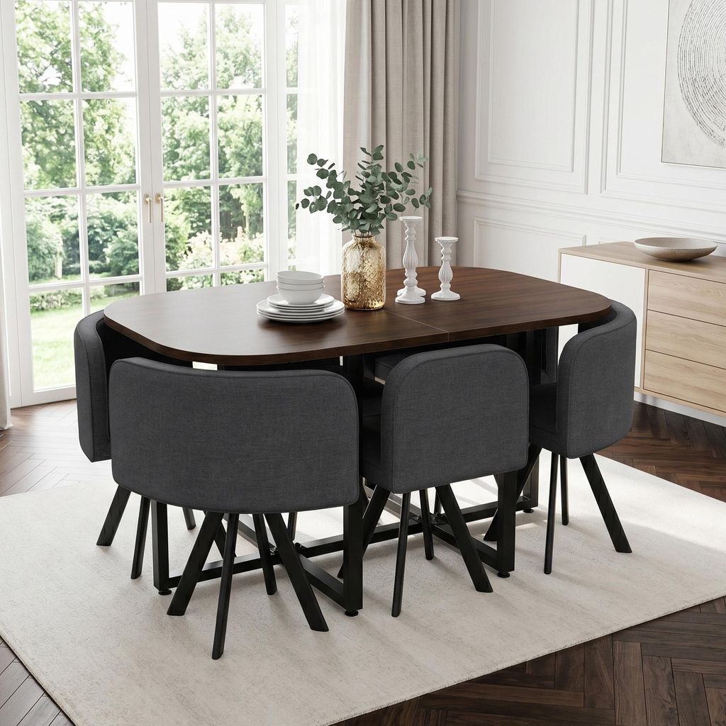 Esstisch-Set fuer 6 Personen, Tisch 140x90 cm + 6 Stuehle, 140 x 90 x 73 cm, Grau / Walnuss
