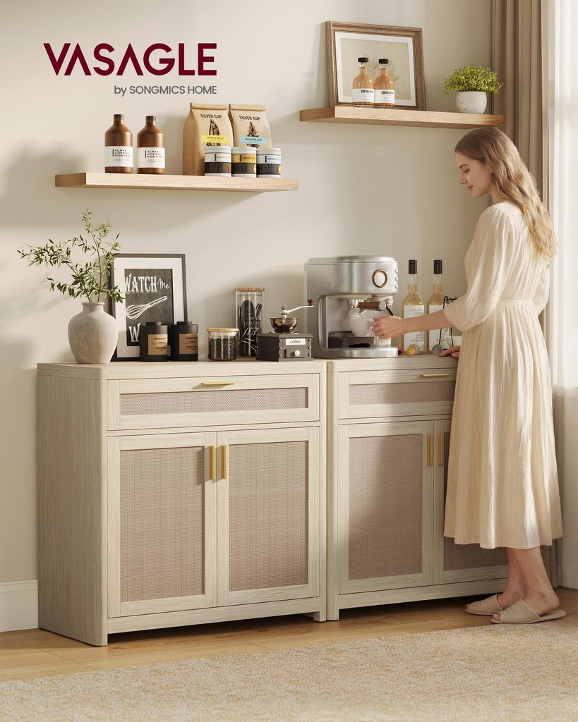 VASAGLE Küchenschrank im Boho-Stil, Türen Rattan-Optik, Produktbild  KI-generiertes Bild