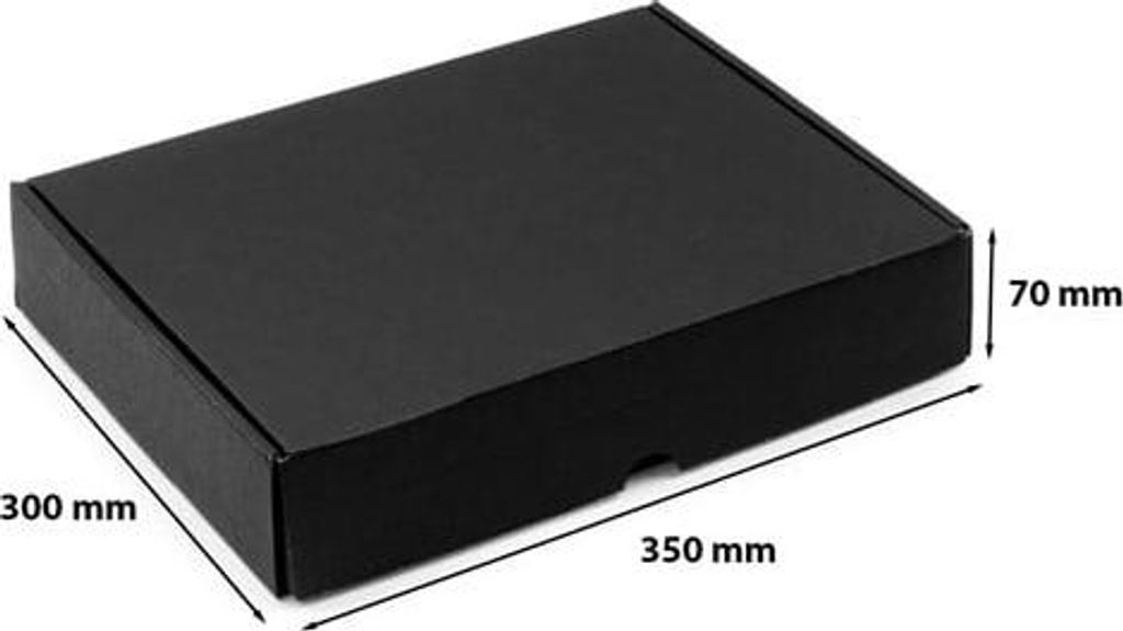 A black cardboard box with dimensions indicated.