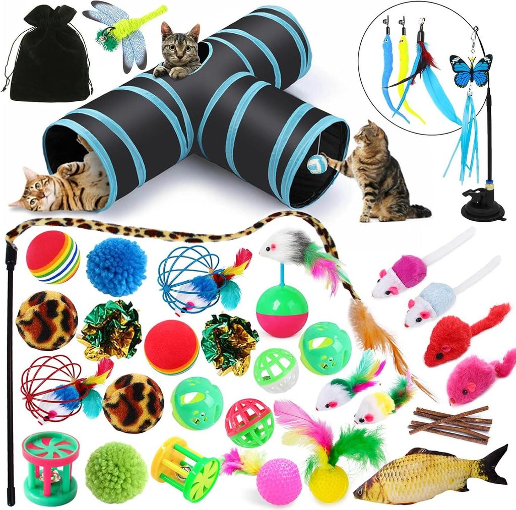 Interaktive Spielzeugset für Indoor-Katzen Kitten - Sucker Butterfly Cat Teaser Stick 3-Wege Tunnel