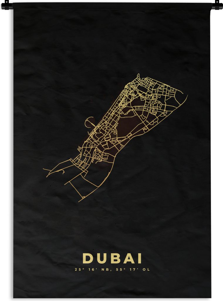 MuchoWow Wandteppich Wandbehang Dubai - Stadtplan - Schwarz und Gold 90x135 cm Tapisserie Dekoration Wandtuch - Baumwolle - Wandskulptur