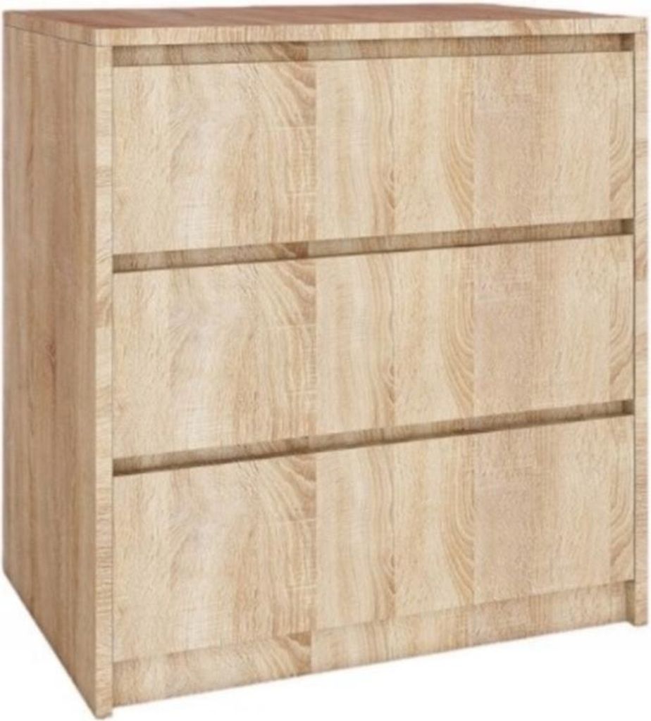Kommode mit 3 Schubkästen, Sonoma Eiche, 70x75,2x43 cm, Grifflose Fronten, Kugelführungen, Laminatplatte, Modernes Design