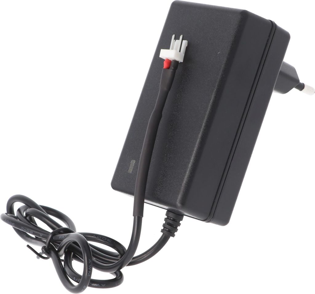 A black power adapter with a cable and plug.