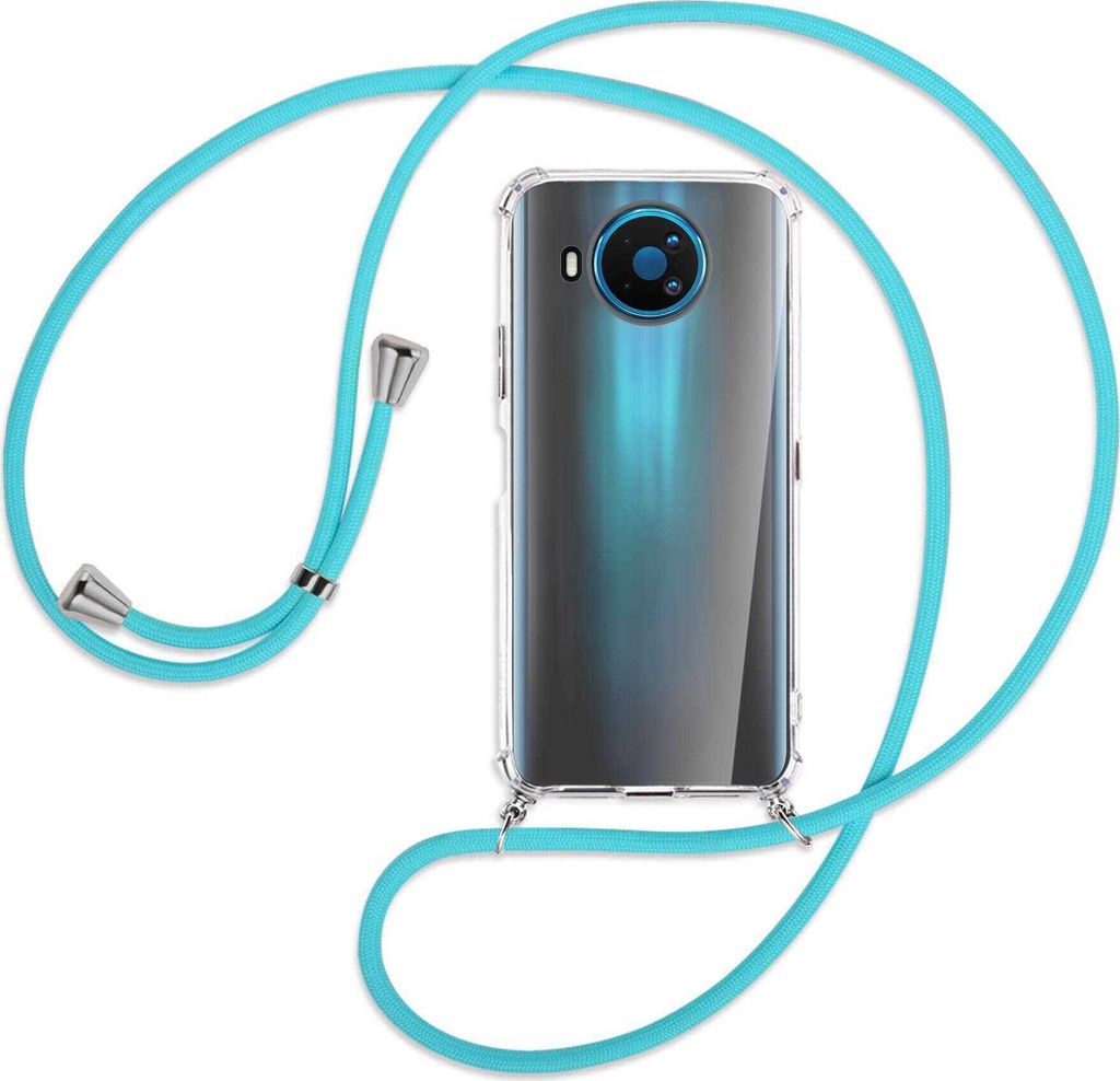 Handykette Backcover-Schutzhülle mit Band (Metall silberfarben) für Nokia 8.3 5G - türkis