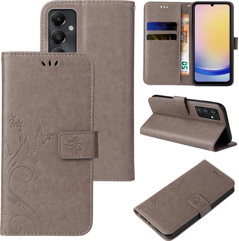 Collage of images showing a gray floral and butterfly patterned flip phone case for a Samsung Galaxy A25 5G.