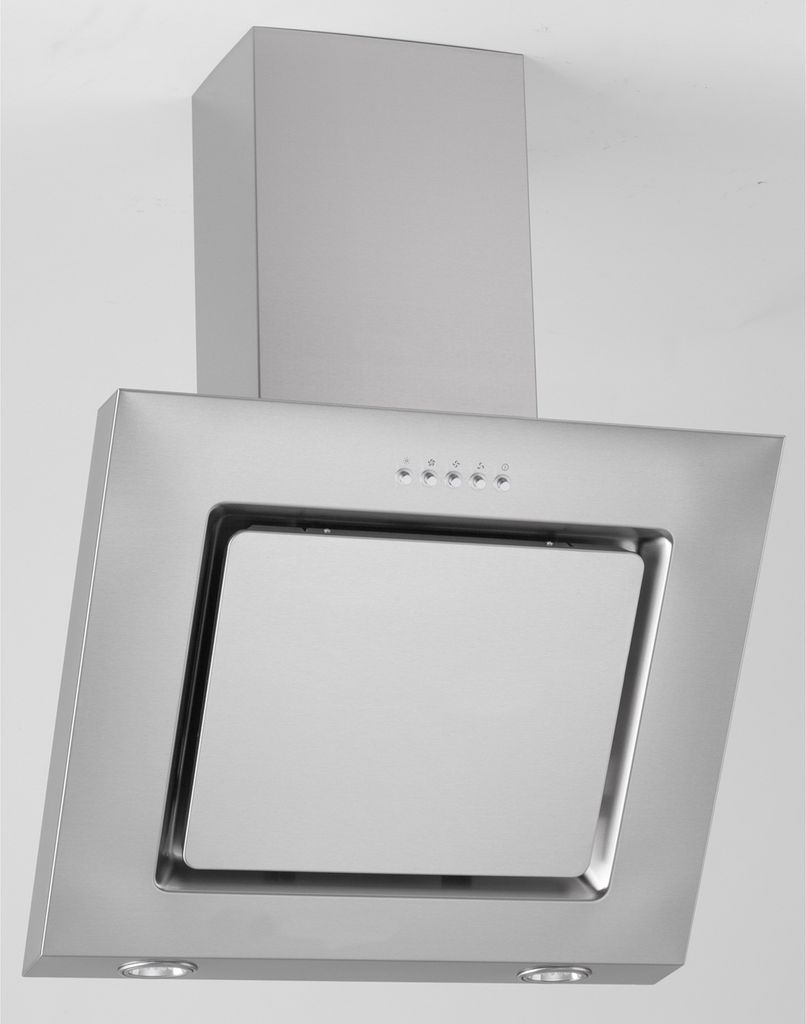 A stainless steel range hood against a white background.