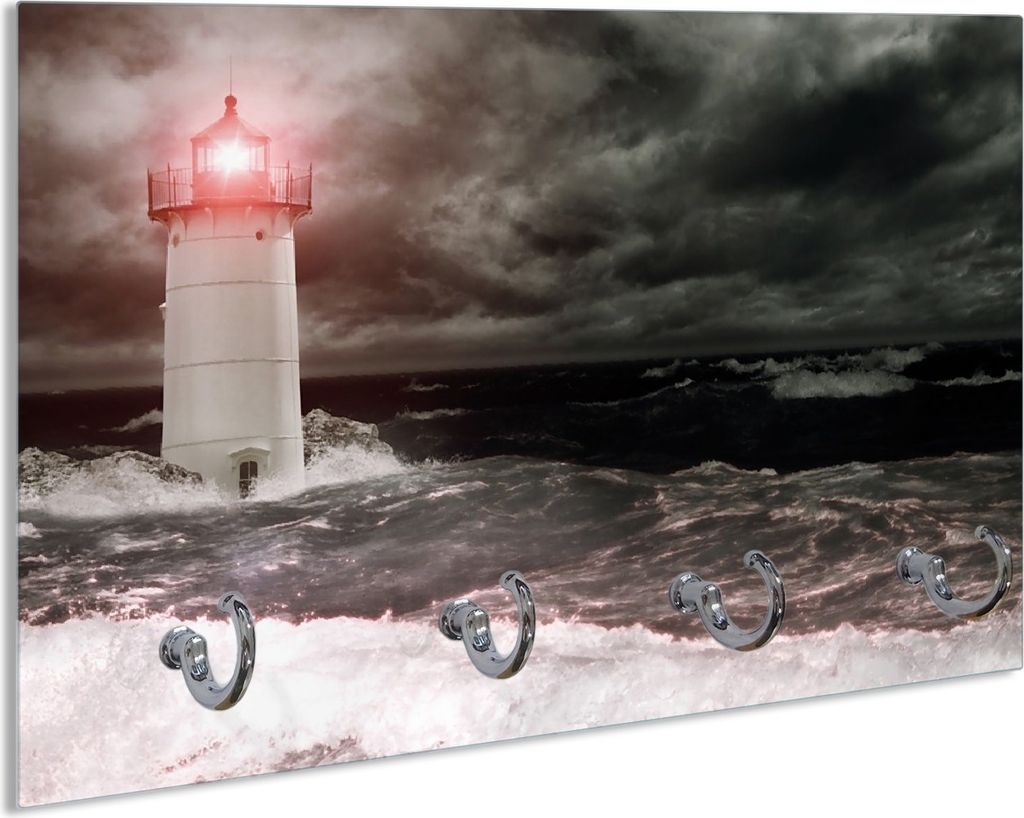 Wallario Handtuchhalter aus Glas, Motiv: Leuchtturm im Wasser bei stürmischer See, 30 x 20 cm mit 4 Haken