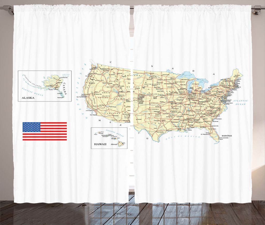 ABAKUHAUS Karte Rustikaler Gardine, USA Detaillierte Land auf Karte, Schlafzimmer Kräuselband Vorhang mit Schlaufen und Haken, 280 x 175 cm, Elfen...