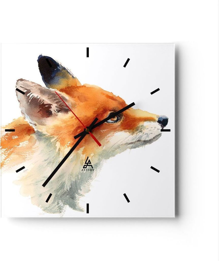 Wanduhr - Quadrat - Glasuhr - Fuchs Tier Natur - 30x30cm - Schleichendes Uhrwerk - Lautlos - zum Aufhängen bereit - Dekoration Modern - Wanddekora...