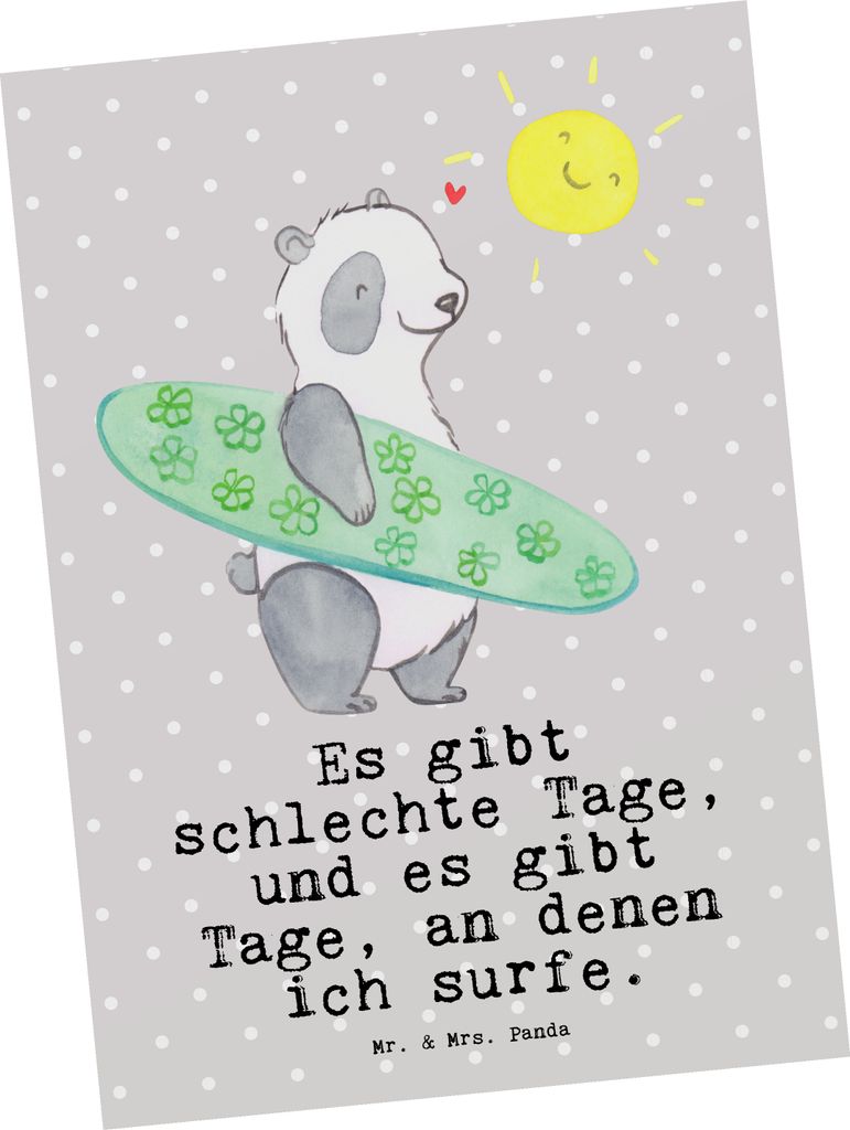 Mr. & Mrs. Panda Grußkarte Panda Surfen - Grau Pastell - Geschenk, Postkarten, Kunstkarten, Surfschule, Ansichtskarten, Postkarte, bildkarte, Well...