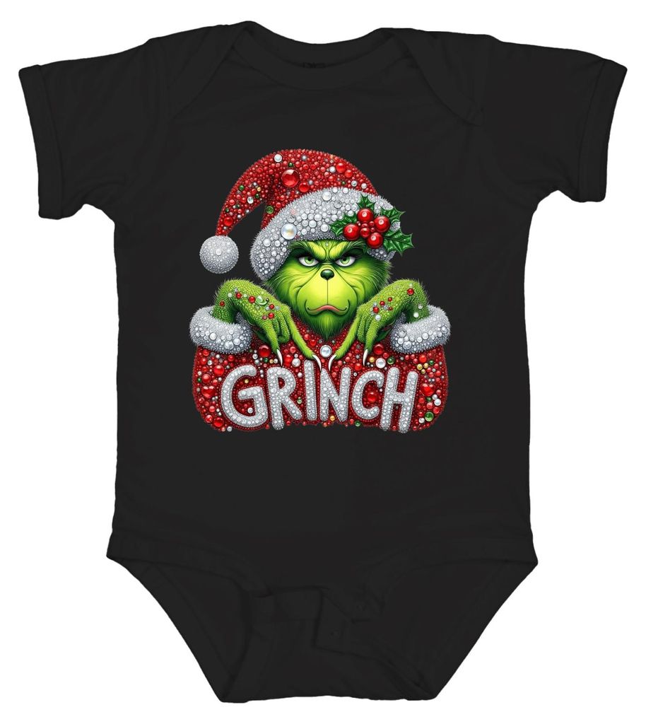 GRINCH Weihnachten Strass Glitzer Optik Weihnachtsgeschenk Unisex Baby Body, Schwarz, 0/3