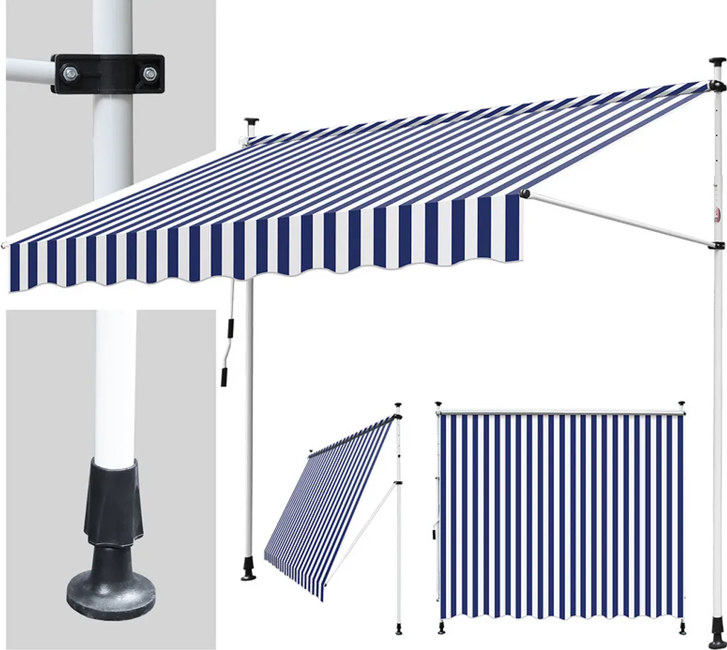 Tenda da sole Jiubiaz resistente ai raggi UV e all'acqua, retrattile 1,5 m, blu e bianca