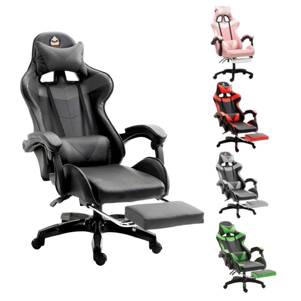 A collage of different colored gaming chairs, with a black one prominently displayed in the foreground.