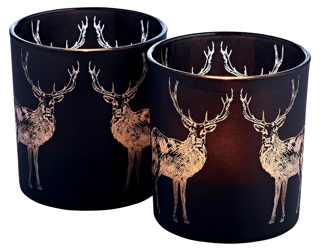 2 Stück Teelichtglas Tiu, Höhe 8 cm, Durchmesser 7,5 cm, matt schwarz, Hirsch-Motiv