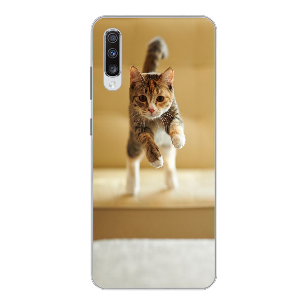 MuchoWow Handyhülle Schutzhülle Hülle für Samsung Galaxy A70 Katze - Frühling - Stuhl Silikon Softcase Handy Hülle - Schutzhaube
