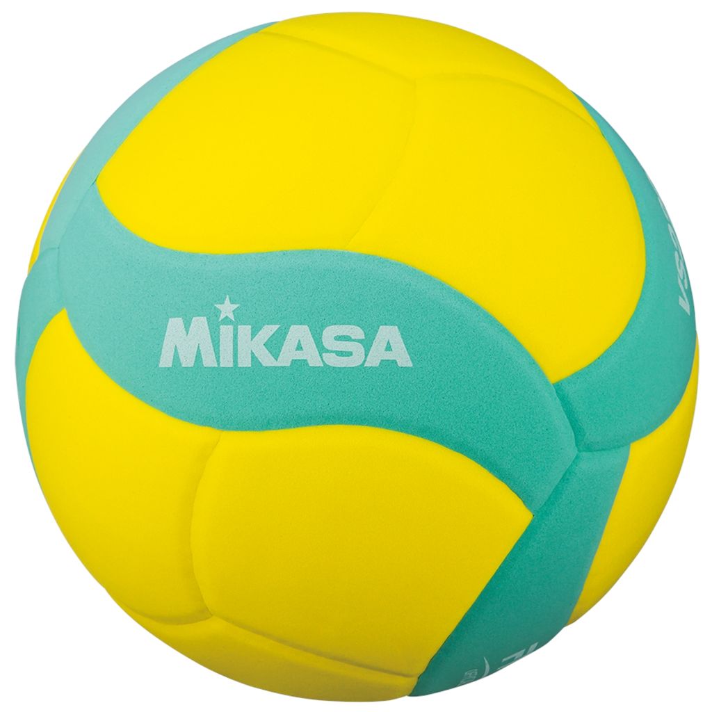 A yellow and teal volleyball with the Mikasa logo.