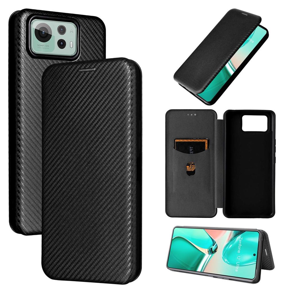 Hülle für Asus Zenfone 12 Ultra - Phonesta Carbon Fiber Skin Book Wallet Klapphülle - Schwarz